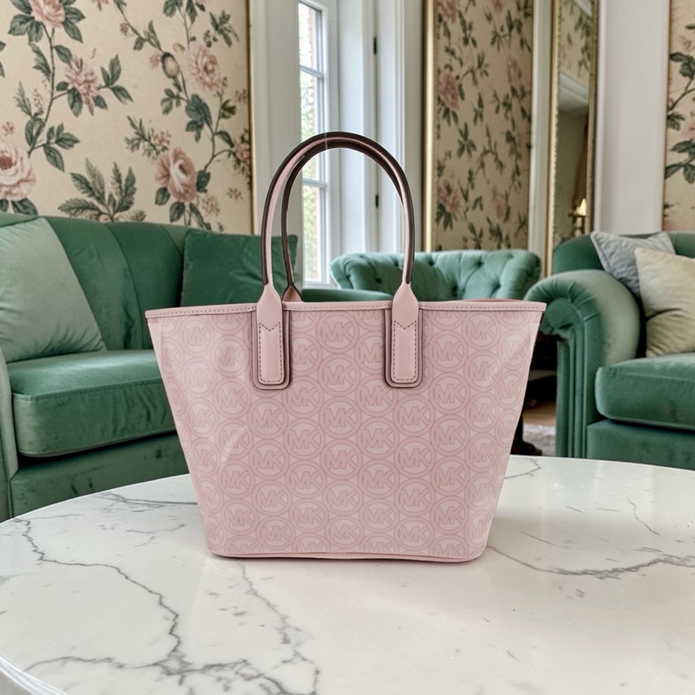 Michael Kors Jodie Small Jacquard Tote Powder Blush Pink Logo Top Handle Bag - Picture 2 of 8